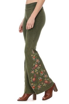 T-Party Mineral wash flare yoga pants, elegant, side leg floral embroidery, fold over waist. Stretchy, activewear. Washed look. Hand dyed, color may vary. So popular. Don't miss this style! Sizes S-M-L-XL Runs small with no stretch Waist 26-28-30-32, inseam 31-33, Rise 10" Color: Olive T-Party pants are durable, plush, ultra soft, & high quality with secure stitching 96% Cotton, 4% Spandex, turn inside out, wash cold, lay flat Made in USA OF1-4/CJ75316-Olive Bell Bottom Yoga Pants, Pants Elegant, Fall Winter Jacket, Flare Yoga Pants, 70s Inspired Fashion, Yoga Pants With Pockets, Party Pants, Long Black Dress, Floral Pants