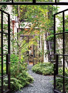 an open door leading into a lush green garden