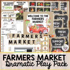 farmer's market dramatic play pack with pictures and text on the front, along with an image of a farm truck