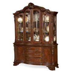 a wooden china cabinet with glass doors and drawers