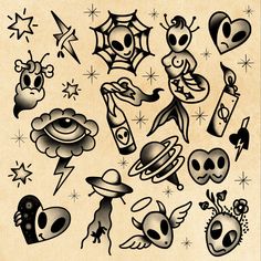 This is a picture of various designs of Aliens UFO star beings tattoos ideas Space Filling Tattoos, American Traditional Space Filler, Space Filler Tattoo Ideas, Traditional Style Space Tattoo, Alien American Traditional Tattoo, American Traditional Tattoos Space, Old American Tattoos, Traditional Star Tattoo, Alien Flash Tattoo