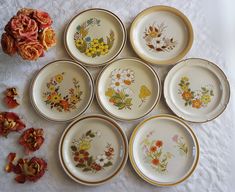 six plates with flowers painted on them sitting on a white table cloth next to some dried flowers