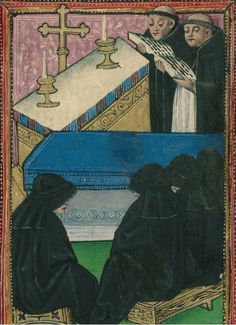 an image of a painting with people in black robes sitting at a table and one person holding a crucifix