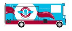 a red and blue food truck with wings on it's side, advertising la canadia