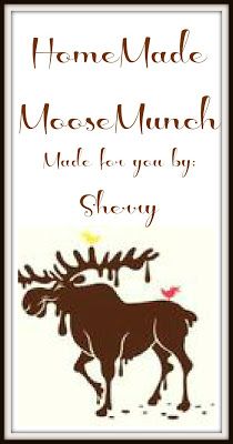 a cross stitch moose with the words home made moose munch made for you by sheryl