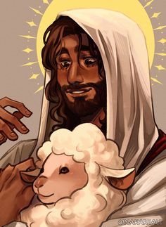 a painting of jesus holding a sheep in his arms