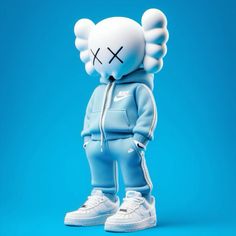 a white teddy bear wearing a blue hoodie and matching nike air force sneakers with an x on it