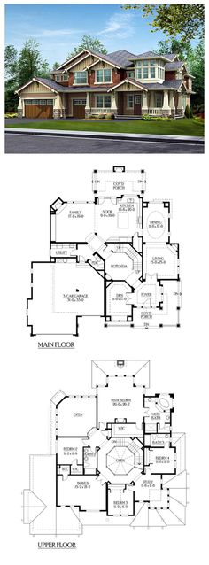 two story house plans with garage and living room on the first floor, and another plan for