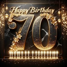 a golden 70th birthday card with candles and flowers on the front, surrounded by sparkles