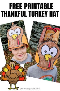 a child wearing turkey hats with the text free printable thanksgiving turkey hat