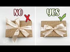 two pictures of wrapped presents with bows and no yes signs on them, one is brown