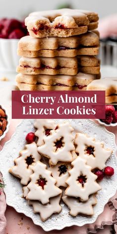 cherry almond linzer cookies on a white plate with the words cherry almond linzer cookies