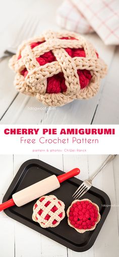 cherry pie amigurum free crochet pattern is shown on a black tray