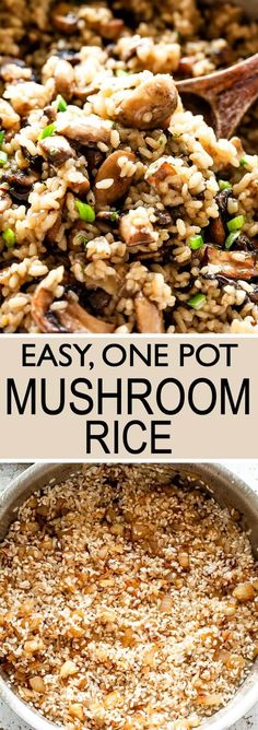 mushroom rice in a pan with the words easy, one pot mushroom rice on top