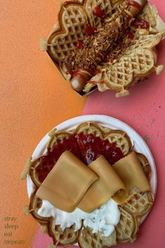 two waffles with jelly and cheese on them