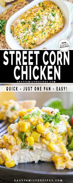 two photos with the words street corn chicken on them