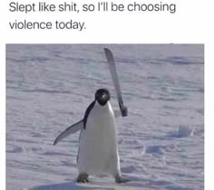 a penguin standing on top of snow covered ground with a ski in it's hand