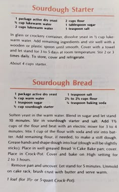 the recipe for sourdough bread is shown in red and black text on a white background