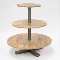 three tiered wooden table with metal legs and wood top, against a white background