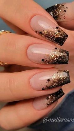 Black Nails With Glitter, New Years Nail Designs, New Years Eve Nails, Ombre Nails Glitter, Ombre Nail Designs, Nail Designs Glitter, Sparkly Nails, New Year's Nails, Xmas Nails