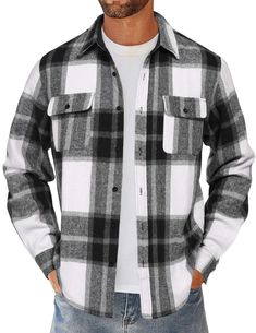 PRICES MAY VARY. Premium Fabric: Mens Flannel Shirt is made of premium cotton material that is comfortable, warm, lightweight, skin-friendly and durable; the fabric is brushed to provide an extra layer of warmth and a velvety touch against the skin Stylish Design: Plaid Shirt Jacket features with long sleeve, spread collar, button down closure, chest pockets, adjustable button cuffs and plaid pattern; lined cuffs and collar can enhance durability, ensures the collar and cuffs maintain their shap Mens Flannel Jacket, Mens Overcoat, Mens Jackets Casual, Plaid Shirt Men, Flannel Shirts, Fall Outfits Men, Shirts Long Sleeve, Mens Flannel Shirt, Flannel Jacket