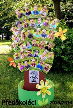 a green bucket with pictures on it in the middle of grass and trees behind it