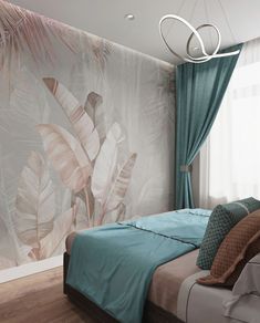 a bed room with a neatly made bed next to a wallpapered wall and curtains