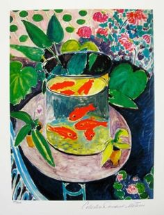 a painting of goldfish in a pot on a table