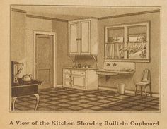 an old drawing of a kitchen showing built - in cupboards