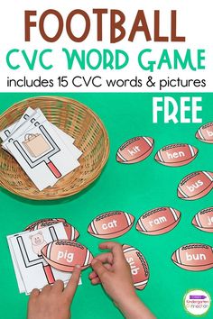 This free Football CVC Word Game is a fun one to add to your literacy centers for some engaging learning for any little football fan! This free printable uses all 5 short vowels and pairs up 15 CVC words and pictures. Cvc Centers For Kindergarten Free, Cvc Word Games Free Printable, Letter Practice Preschool, Cvc Centers, Cvc Games, Cvc Word Games, Cvc Word Practice, Letter Practice, Fall Centers