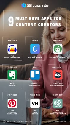 Content creation apps, content creation tools, audacity, canva, quillbot, evernote, trello, hootesuite, pinterest, VN, ChatGPTm Content Creator, Graphic designer, digital marketing, Social media marketing, GStudios India, GStudio Content Creation Aesthetic, Social Media Marketing Planner, Media Studio, Social Media Content Planner, Making Money On Youtube