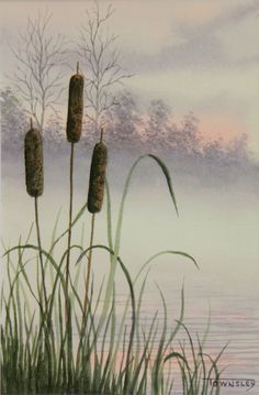 a painting of some plants by the water with fog in the air and trees behind it