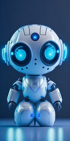 a robot with headphones sitting on top of a table in front of a dark background