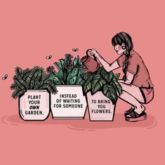 a woman kneeling down next to two planters with plants in them on pink background