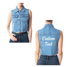 Customize this adorable denim vest! 1. Pick font type 2. Pick font color 3. Choose what text you want **LIST THE ABOVE IN PERSONALIZATION BOX! Customized Denim, Jeans West, Button Vest, Crop Vest, Womens Cropped Jeans, Vest Womens, Jean Vest, Cropped Vest, Font Types