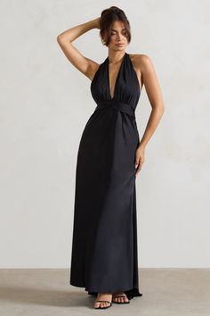 Carolyn | Black Satin Plunge Maxi Dress With Dipped Hem Chic Sleeveless Gown For Dinner, Plunge Maxi Dress, Black Dress Prom, Black Tie Gala, Party Dress Long Sleeve, Christmas Party Dress, Bridesmaid Outfit, Black Sequin Dress, Black Velvet Dress