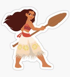 a sticker of a woman holding a paddle and wearing a hula skirt with flowers on it