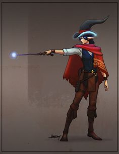 a man in pirate costume holding a wand and aiming it at something with his right hand