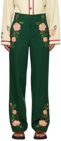 Women Suits Fashion, Suit With Flowers, Fashion Uniform, Embroidered Trousers, Patterned Trousers, Prairie Rose, Embroidery Pants, Embroidered Suit, Twill Trousers