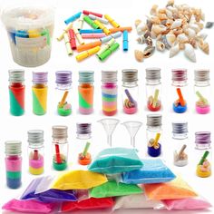 there are many different types of crafting supplies in this photo, including jars and spoons