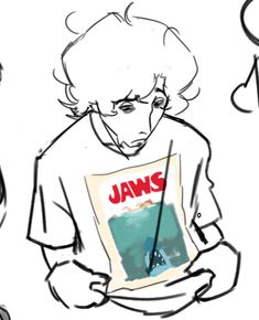 a drawing of a man holding a book with the word jaws on it and an image of