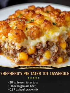 a poster for shepherd's pie tater tot casserole on a plate