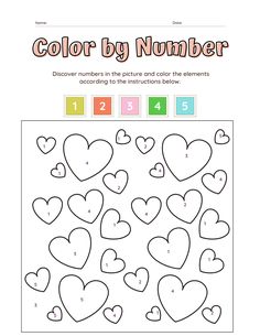 the color by number worksheet for children to learn how to draw hearts and numbers