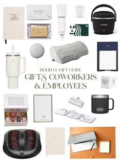 the gift guide for coworkers and employees includes gifts, personal care items, coffee mugs, earbuds, candles