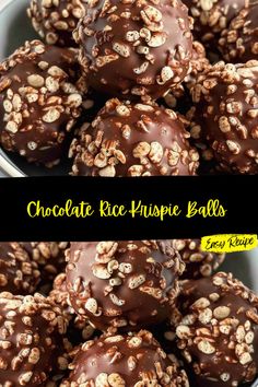 chocolate rice krispy balls in a bowl with the words, chocolate rice krispie balls