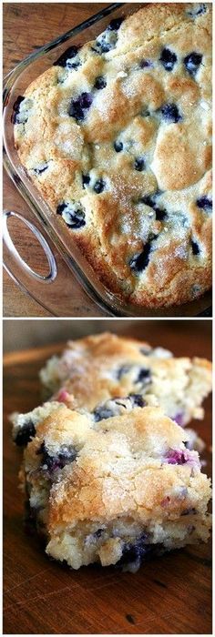 blueberry cobbler in a glass baking dish on a wooden table and before and after it has been baked