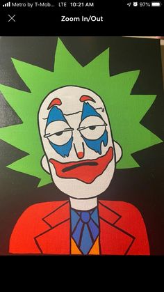 a painting of a clown with green hair and blue eyes