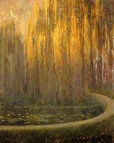 an artistic painting of a fountain with water flowing from it and trees in the background