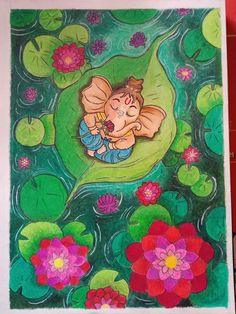 a painting of a little boy sitting on top of a lily pad