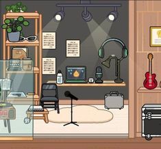 the room is filled with musical instruments and other things to play in it's display case